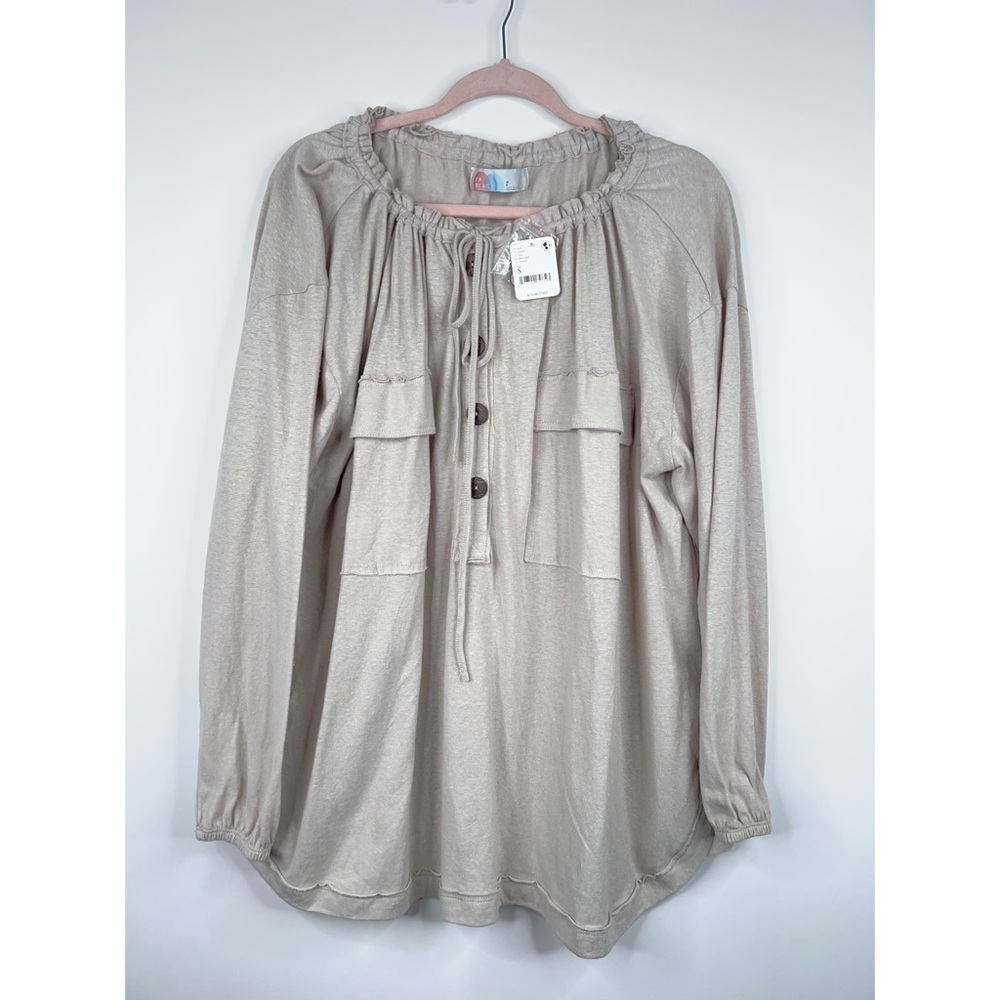 Free People Beach Cream Beige Oversized Blouse Boho Top Button Front Hemp New